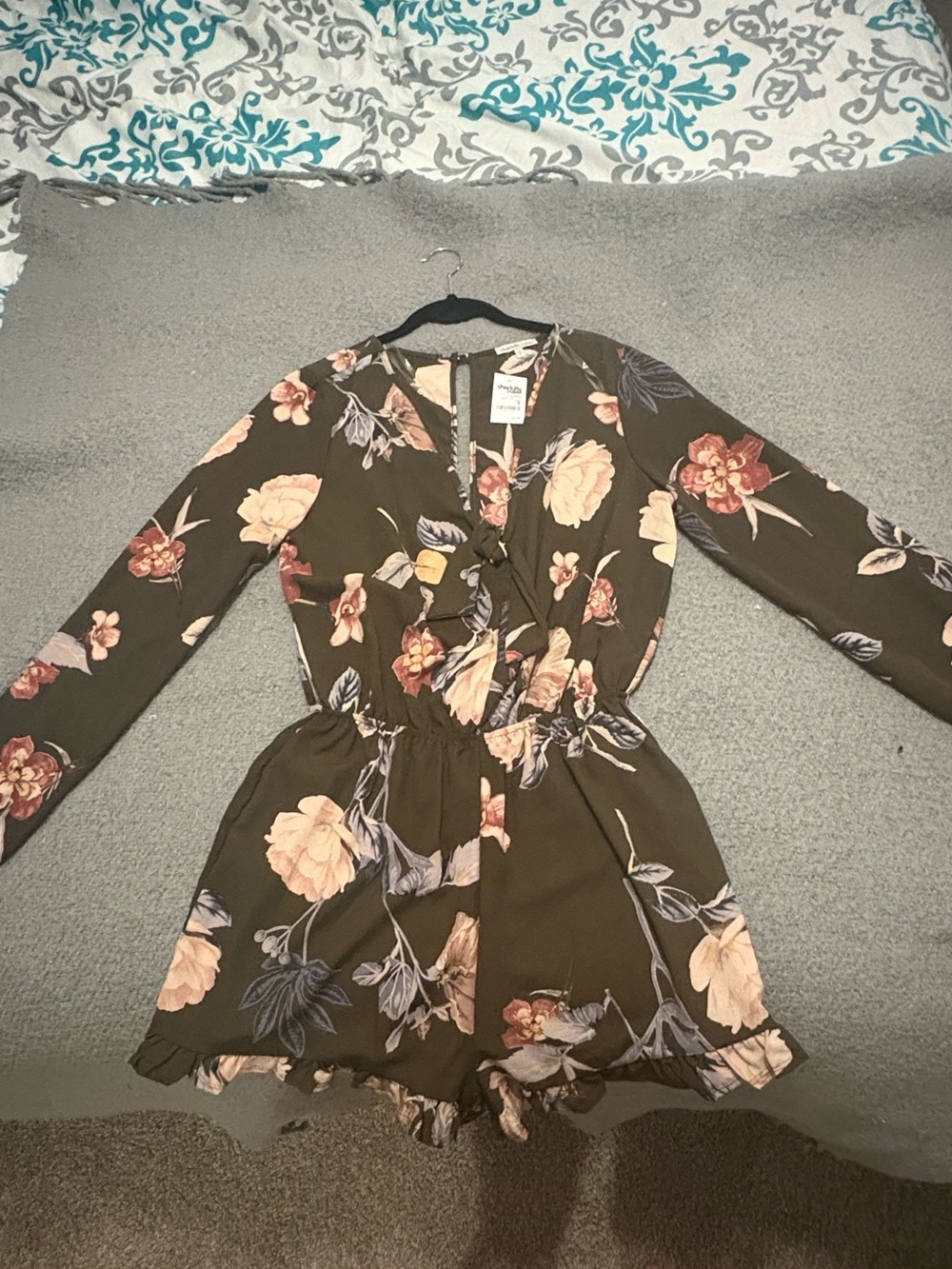 Charlotte Russe Olive Floral Long-Sleeve Romper with pink/peach Accents